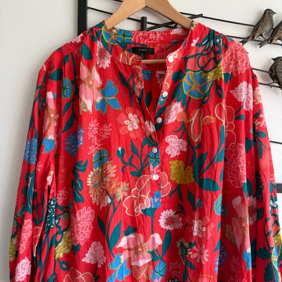 J Crew Floral Cotton Swing Dress Red Boho Tiered Womens M Resort Vacation Chic - Picture 2 of 14